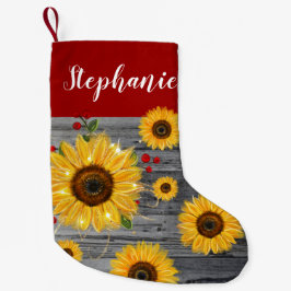 素朴な木製のバーガンディの赤い金ゴールドのヒマワリの名前 スモールクリスマスストッキング