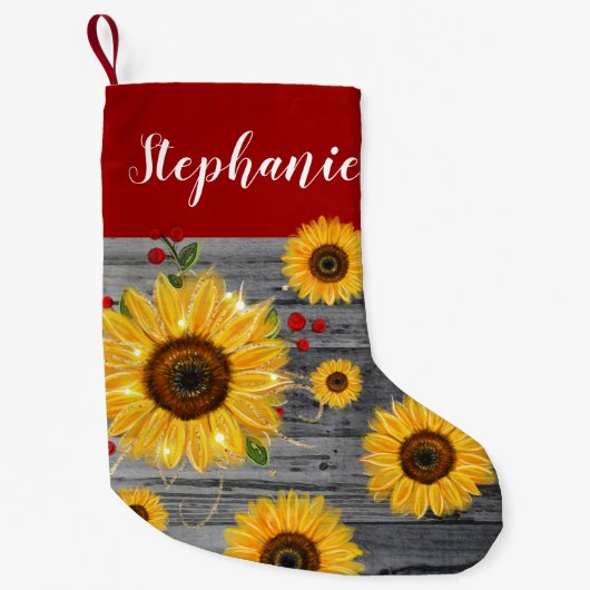 素朴な木製のバーガンディの赤い金ゴールドのヒマワリの名前 スモールクリスマスストッキング (正面)
