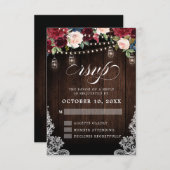 素朴な木製のバーガンディーフラワーメイソンジャーウェディング 出欠カード (正面/裏面)