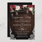 素朴な木製のバーガンディーフラワーメイソンジャーエンゲージメント 招待状 (正面/裏面)