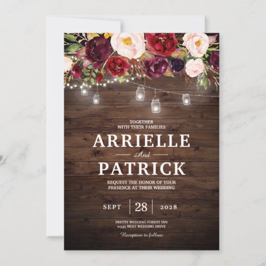 素朴な木製のバーガンディーフラワーライト 招待状 (正面)