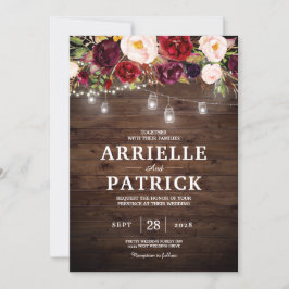 素朴な木製のバーガンディーフラワーライト 招待状