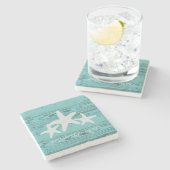 素朴な木製のヒトデのカサガイの貝の青 ストーンコースター (横)