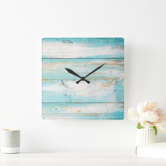 素朴な木製のビーチのティール(緑がかった色)色の時計 スクエア壁時計 (ホーム)