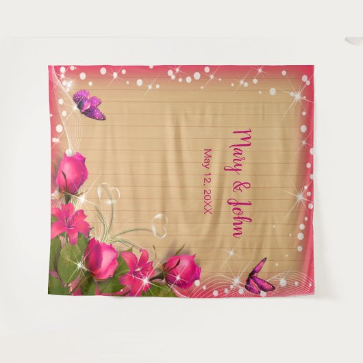 素朴な木製のピンクの花と蝶の背景 タペストリー (正面(横))