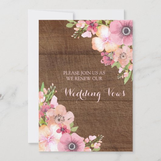 素朴な木製のピンクの花の誓約の更新の招待状 招待状 (正面)
