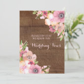 素朴な木製のピンクの花の誓約の更新の招待状 招待状 (スタンド正面)