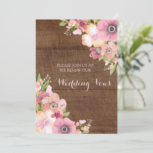 素朴な木製のピンクの花の誓約の更新の招待状 招待状 (スタンド正面)