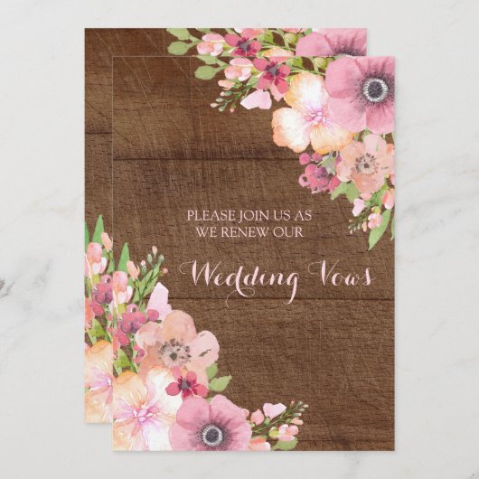 素朴な木製のピンクの花の誓約の更新の招待状 招待状 (正面/裏面)