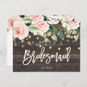 素朴な木製のピンクの花柄はです私の新婦付添人決定します 案内ポストカード (正面/裏面)