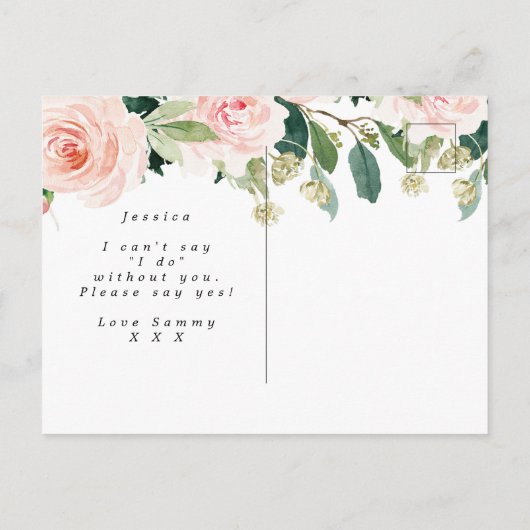 素朴な木製のピンクの花柄はです私の新婦付添人決定します 案内ポストカード (裏面)