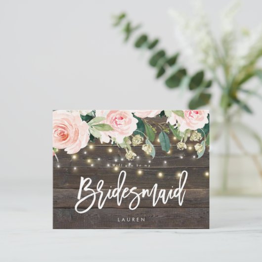 素朴な木製のピンクの花柄はです私の新婦付添人決定します 案内ポストカード (スタンド正面)