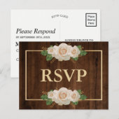 素朴な木製のホワイトローズ ゴールドフレーム | RSVP食事 インビテーションポストカード (正面/裏面)