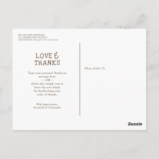 素朴な木製のメイソンジャーに花を添えたラブ・サンクス ウェディング ポストカード (裏面)