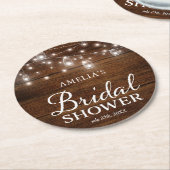 素朴な木製のメーソンジャーおよびライトブライダルシャワー ラウンドペーパーコースター (アングル)