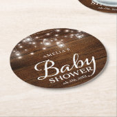 素朴な木製のメーソンジャーおよびライトベビーシャワー ラウンドペーパーコースター (アングル)