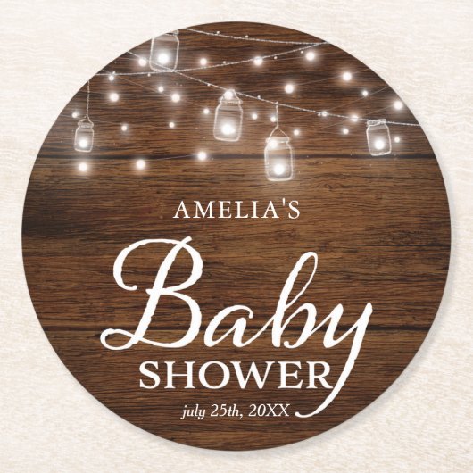 素朴な木製のメーソンジャーおよびライトベビーシャワー ラウンドペーパーコースター (正面)