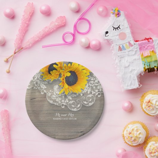 素朴な木製のレースおよびヒマワリの結婚 ペーパープレート (パーティー)