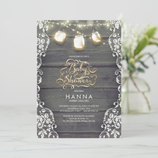 素朴な木製のレースのメーソンジャーはベビーシャワーをつけます 招待状 (スタンド正面)