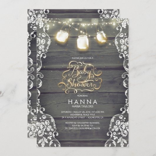 素朴な木製のレースのメーソンジャーはベビーシャワーをつけます 招待状 (正面/裏面)