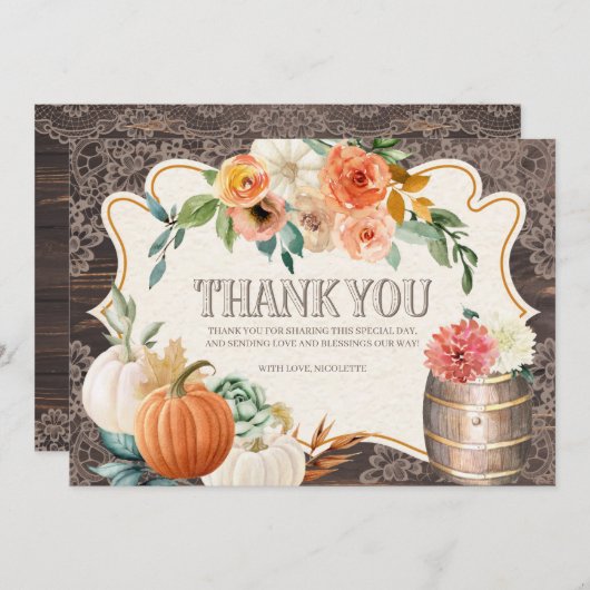 素朴な木製のレースの秋のサンキューカード サンキューカード (正面/裏面)