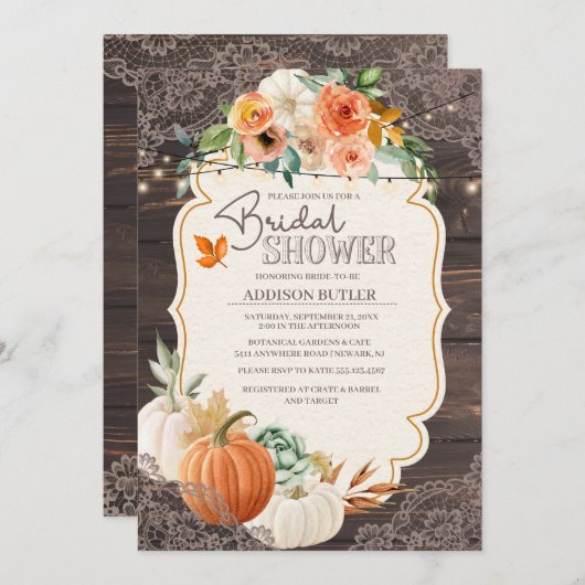 素朴な木製のレースの秋のブライダルシャワーの招待状 招待状 (正面/裏面)