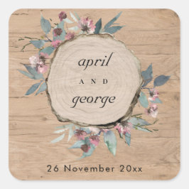 素朴な木製のワイルドピンクユーカリの花のウェディング スクエアシール
