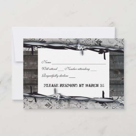 素朴な木製のヴィンテージのレースの有刺鉄線のrsvp 出欠カード (正面)