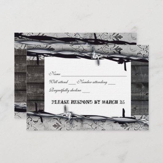 素朴な木製のヴィンテージのレースの有刺鉄線のrsvp 出欠カード (正面/裏面)