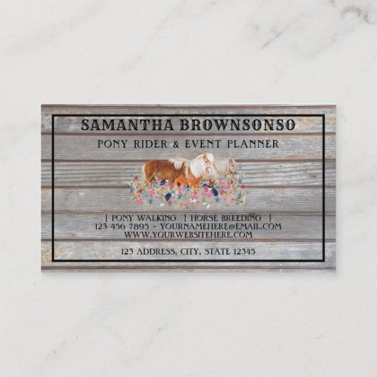 素朴な木製の乗馬クラブのポニー花柄小型馬 名刺 (裏面)