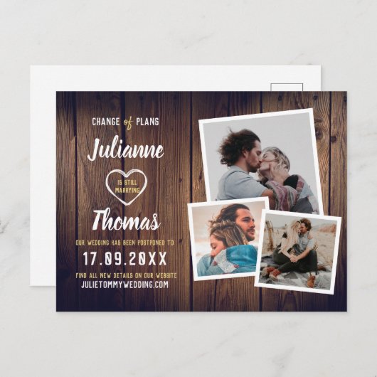 素朴な木製の写真コラージュ おしゃれな計画変更 案内ポストカード (正面/裏面)