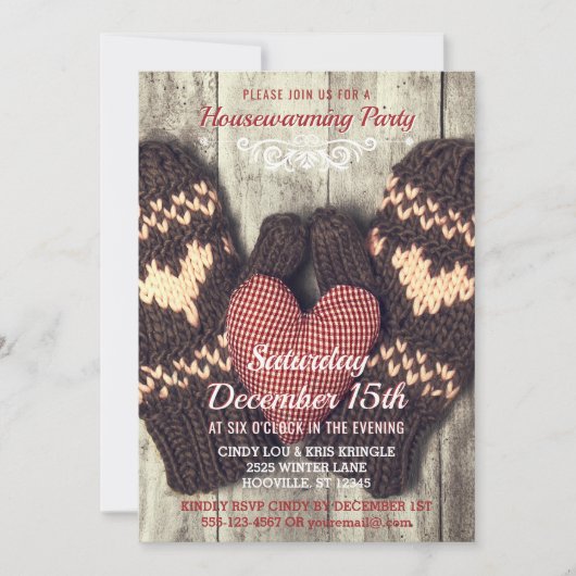 素朴な木製の冬のミトンの引っ越し祝いパーティーのパーティー 招待状 (正面)
