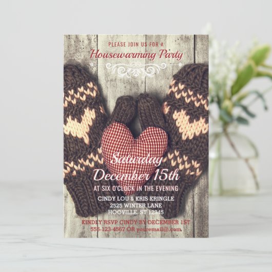 素朴な木製の冬のミトンの引っ越し祝いパーティーのパーティー 招待状 (スタンド正面)