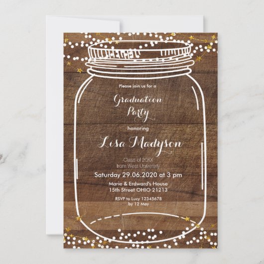 素朴な木製の卒業のパーティの招待状のメーソンジャー 招待状 (正面)