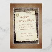 素朴な木製の古い紙のスクリプト クリスマスをおめでとう 箔シーズンカード (正面)