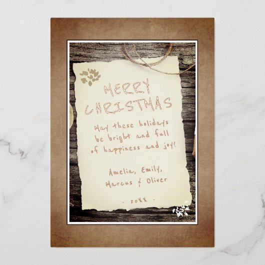 素朴な木製の古い紙のスクリプト クリスマスをおめでとう 箔シーズンカード (正面)