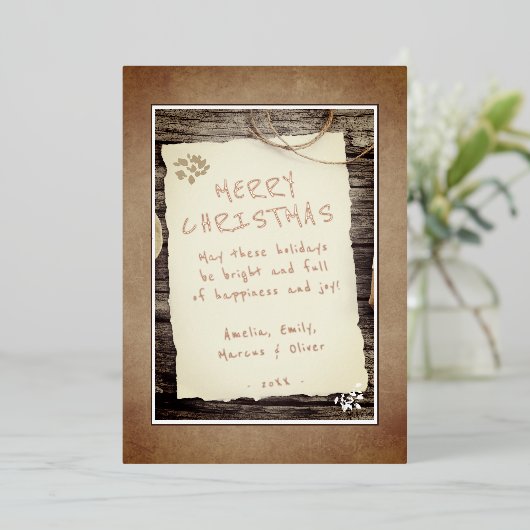 素朴な木製の古い紙のスクリプト クリスマスをおめでとう 箔シーズンカード (立ち正面)