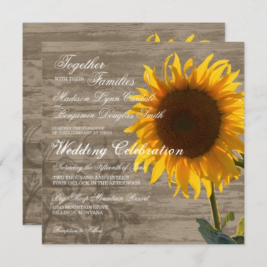 素朴な木製の国のヒマワリの結婚式招待状 招待状 (正面/裏面)
