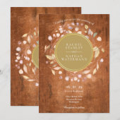 素朴な木製の月桂樹の花輪 フェイクゴールドホイル 結婚式 招待状 (正面/裏面)