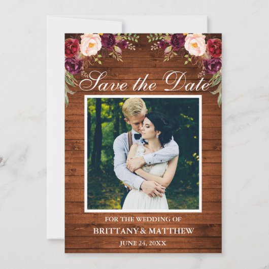 素朴な木製の水彩画のワインレッドの花の写真 セーブザデート (正面)