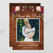 素朴な木製の水彩画のワインレッドの花の写真 セーブザデート (正面/裏面)