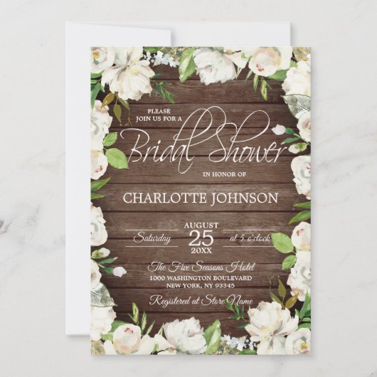 素朴な木製の水彩画の白い花のブライダルシャワー 招待状 (正面)