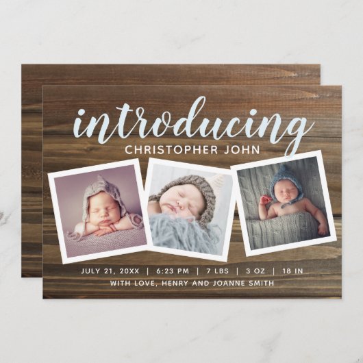 素朴な木製の男の子の誕生の発表のスナップショット写真 案内状 (正面/裏面)