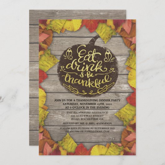 素朴な木製の秋のかえでの感謝祭のディナー・パーティ 招待状 (正面/裏面)