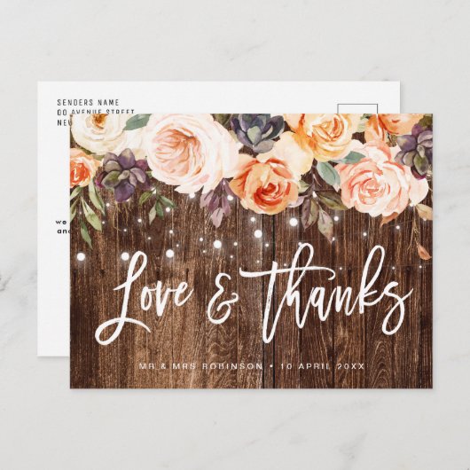 素朴な木製の秋の花の結婚式のお礼カード ポストカード (正面/裏面)
