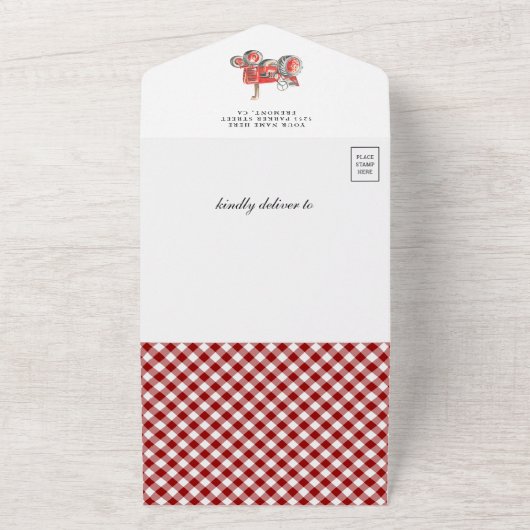 素朴な木製の納屋と可愛らしい農場の動物たち ベビーシャワー オールインワン招待状 (外側)