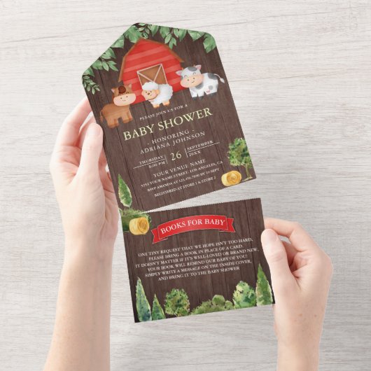 素朴な木製の納屋と可愛らしい農場の動物たち ベビーシャワー オールインワン招待状 (貼ってはがせる)