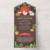 素朴な木製の納屋と可愛らしい農場の動物たち ベビーシャワー オールインワン招待状 (内側)