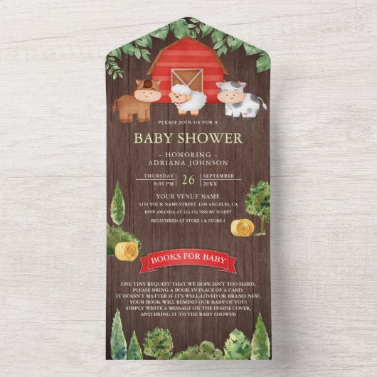 素朴な木製の納屋と可愛らしい農場の動物たち ベビーシャワー オールインワン招待状 (内側)