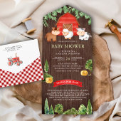 素朴な木製の納屋と可愛らしい農場の動物たち ベビーシャワー オールインワン招待状
